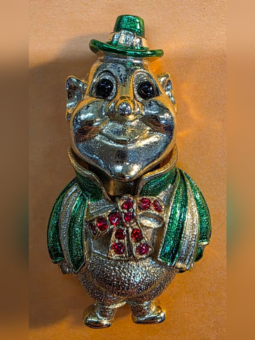 Gerry's brand green and gold Leprechaun Brooch with red rhinestones.